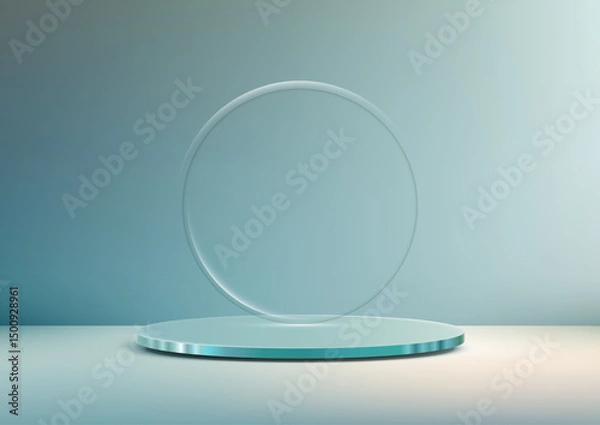 Fototapeta minimalist round clear glass frame on light blue reflective platform modern product display mockup