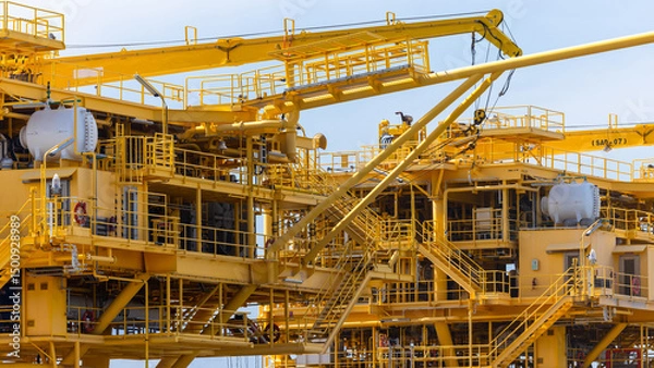 Fototapeta Offshore Oil and Gas production platform, Heavy duty marine engineering structure for energy and petrochemical industry, Offshore oil rig energy infrastructure marine engineering, Offshore platform.