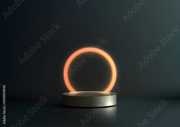 Fototapeta 3D sleek metallic gray cylindrical podium stand with glowing neon red frame technology mockup 3d render modern showcase