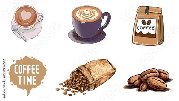 Obraz set of coffee beans and cups
