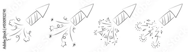 Fototapeta Party firework rocket element. Celebrate birthday symbol with firecracker burst. New Year event or anniversary with festive sparkle congratulation holiday doodle set. Celebration with ribbon explosion
