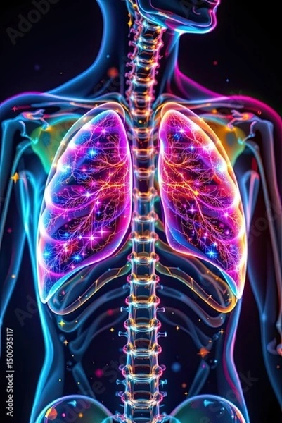 Fototapeta detailed illustration of rib cage with lung overlay in rgb or holographic style, glowing edges, layered transparency, futuristic background, high resolution