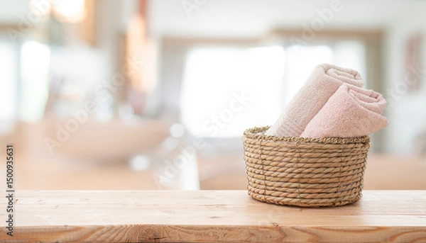 Fototapeta Folded bath towels in wicker basket on wooden table with copy space over defocused bathroom background