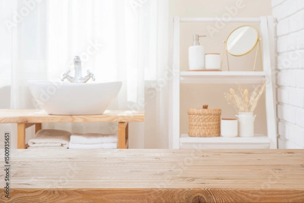 Fototapeta Empty wooden texture table top for product showing on blurred curtained bathroom window interior, sink and shelf