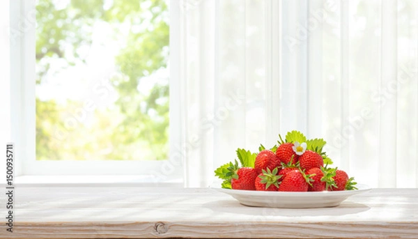 Fototapeta Fresh strawberries in white ceramic plate on bleached wooden table against blurred half curtained window interior background
