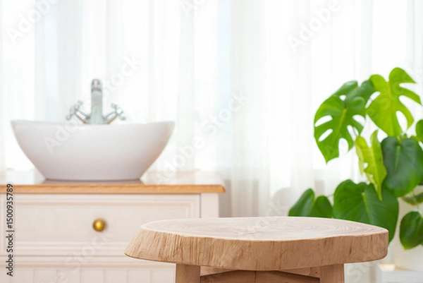 Fototapeta Round wooden side table as pedestal for product display montage on blur bathroom sink interior background