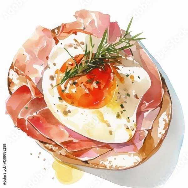 Fototapeta Breakfast Bruschetta with Egg: A watercolor illustration of a delectable breakfast bruschetta, featuring a perfectly cooked egg, savory ham, and fresh herbs.