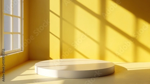 Fototapeta Minimalist yellow room white round display platform