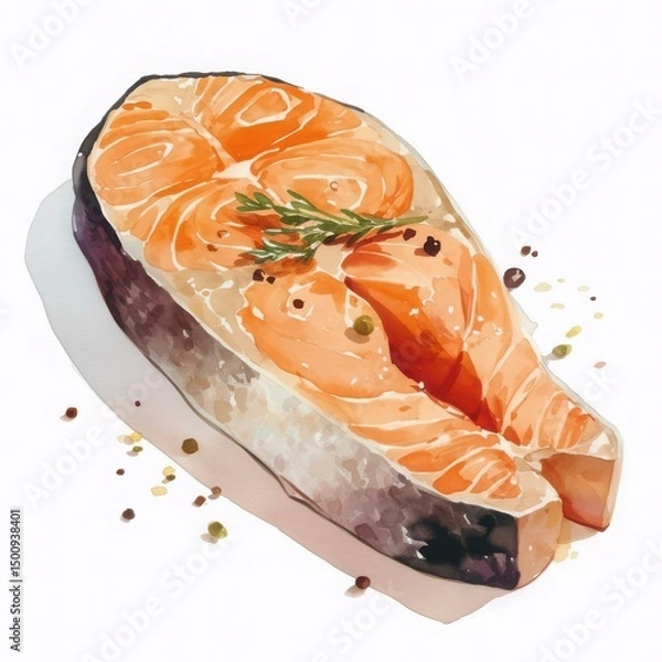 Fototapeta Watercolor Salmon Delight: A vibrant watercolor painting depicts a fresh salmon fillet, artistically arranged with herbs and spices to celebrate culinary artistry. 