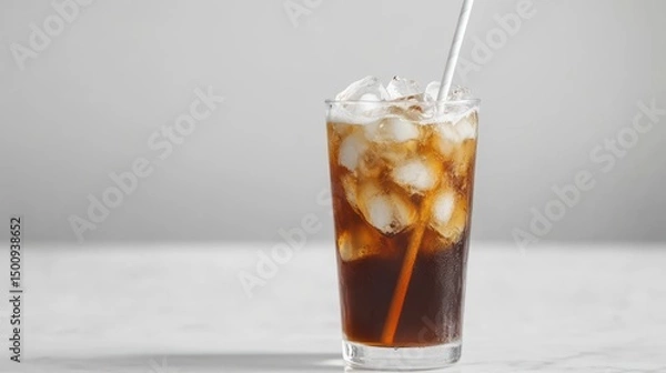 Fototapeta Refreshing iced coffee drink in glass with straw