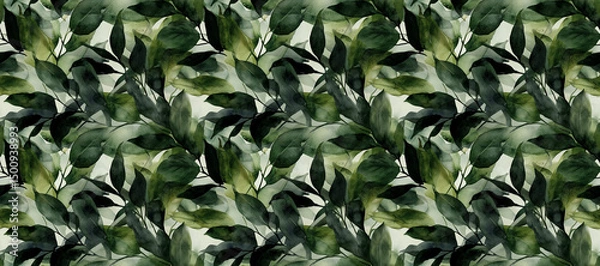 Fototapeta Emerald Canopy: A vibrant watercolor pattern of lush green leaves, evokes a sense of natural beauty and tranquility with its organic, hand-painted design.