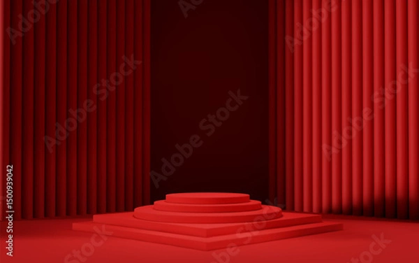 Fototapeta 3d red room background with podium and column. Product display with platform. Abstract geometric light scene.