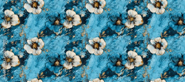 Fototapeta Seamless Floral Pattern: Delicate white flowers bloom across a textured blue surface in this beautiful seamless floral pattern, evoking feelings of serenity and natural beauty.