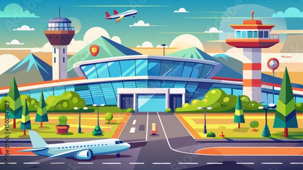 Fototapeta Cartoon airport terminal with airplanes, control towers and mountains in the background under a vibrant sky