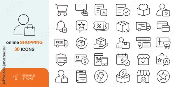 Fototapeta Online Shopping Line Icons Set, E-commerce Outline Icons, Editable Stroke Shopping Icons, E-commerce Icon Pack, icon set