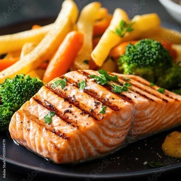 Obraz Salmon steak, one portion serving with vegetables