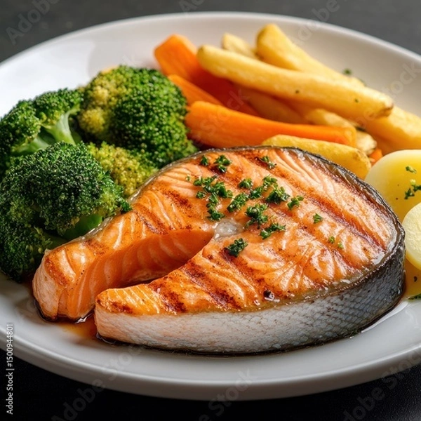 Obraz Salmon steak, one portion serving with vegetables