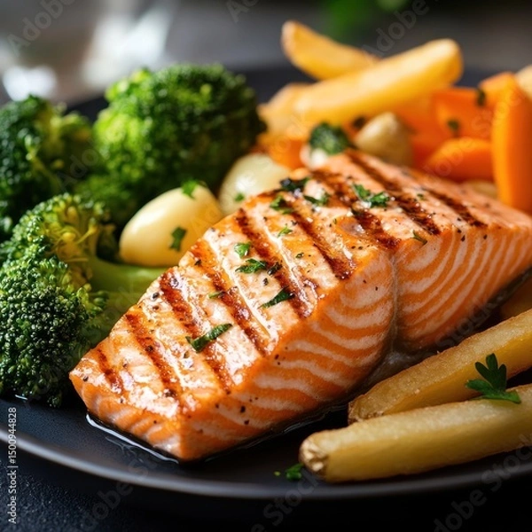 Obraz Salmon steak, one portion serving with vegetables