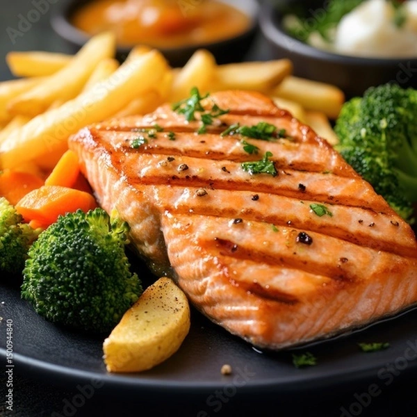 Obraz Salmon steak, one portion serving with vegetables