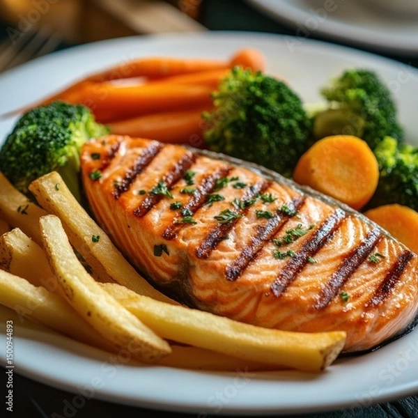 Obraz Salmon steak, one portion serving with vegetables
