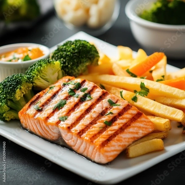 Obraz Salmon steak, one portion serving with vegetables