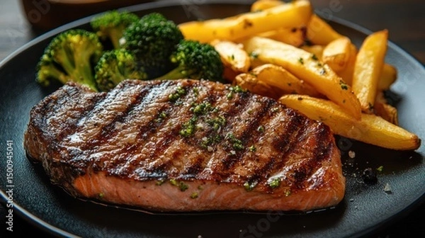 Obraz Salmon steak, one portion serving with vegetables