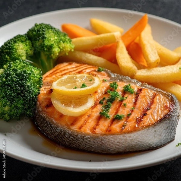 Obraz Salmon steak, one portion serving with vegetables