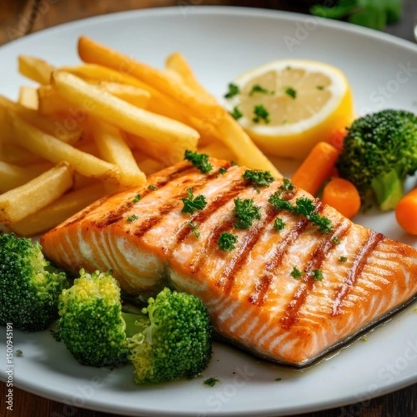 Obraz Salmon steak, one portion serving with vegetables