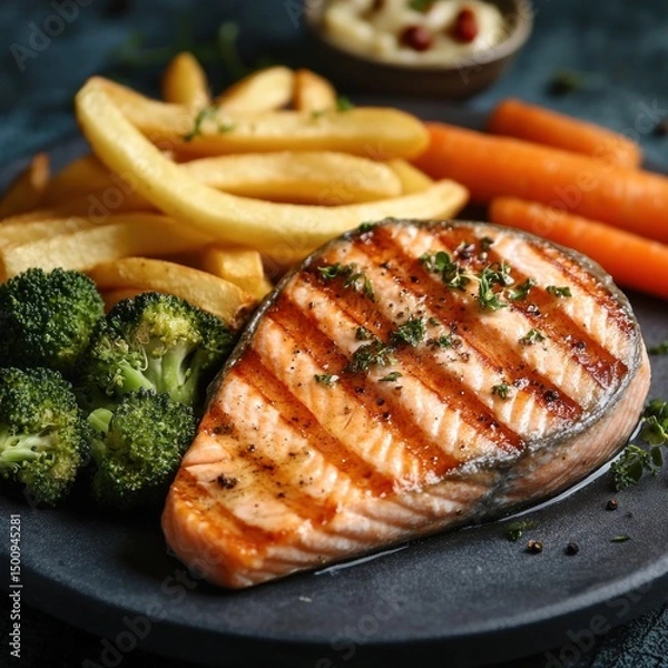 Obraz Salmon steak, one portion serving with vegetables