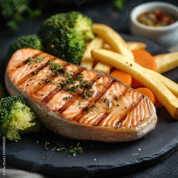 Obraz Salmon steak, one portion serving with vegetables