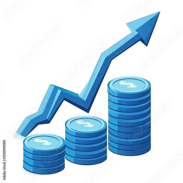Fototapeta A vibrant blue upward-trending arrow overlays three stacks of coins of increasing height, symbolizing financial growth and prosperity
