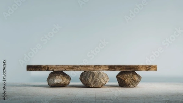 Fototapeta Wooden plank resting on rocks, minimalist design with balance and serenity