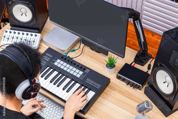 Obraz top view of asian man playing midi keyboard in home studio. music production or online music education concept 
