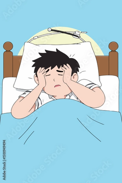 Fototapeta Boy with Headache in Bed