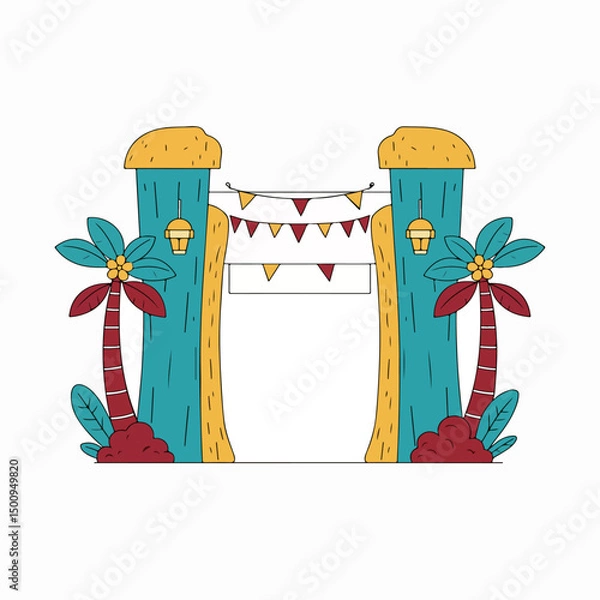 Fototapeta Tropical Gate with Palm Trees and Festive Flags