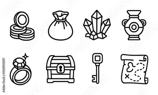 Fototapeta Treasure hunt icons set featuring coins, map, and key for adventure themes