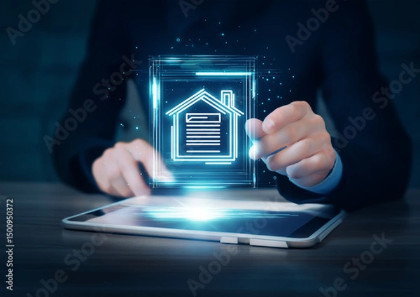 Fototapeta Digital real estate agent presenting a virtual form with a home icon and countertop for a house, futuristic digital marketing concept for property management service, real estate business advertising