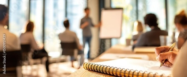 Fototapeta The engaging presentation in a modern workplace setting with attentive audience