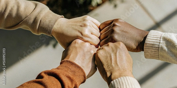 Obraz Fist bump with a fist symbolizes teamwork and collaboration with the genuine friendship of colleagues