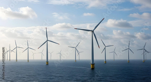 Fototapeta offshore wind turbines standing in a serene seascape, harnessing the power of nature for clean energy production. The blades of the wind turbines are turning in the wind.