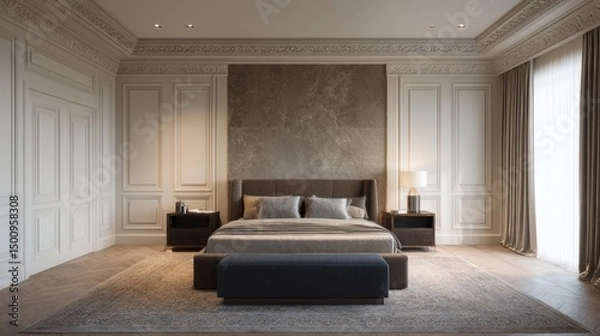 Obraz Elegant Bedroom Interior with Neutral Tones and Sophisticated Design Elements