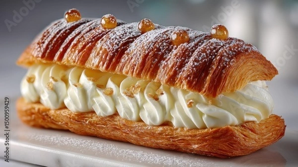 Obraz Elegant pastry delight with creamy filling and powdered sugar decoration