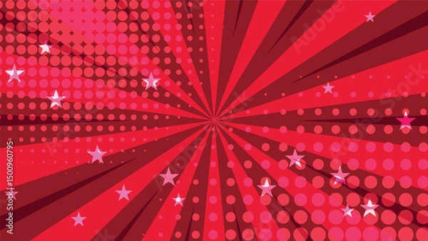 Fototapeta abstract red cartoon background with sunburst and stars 