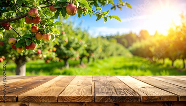 Fototapeta Empty wooden table top with a blurred background of an apple tree and garden;