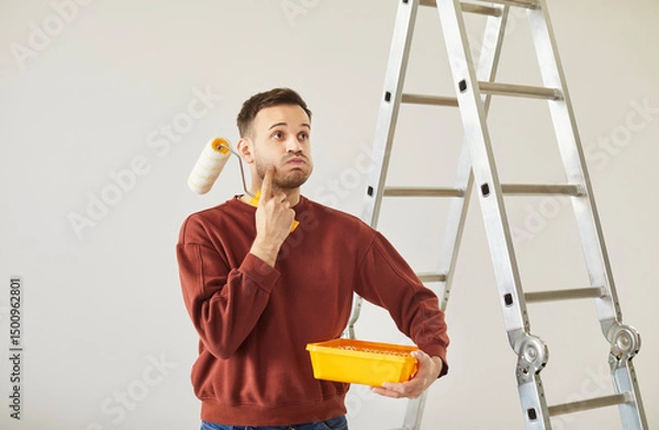 Fototapeta Portrait of young handsome painter man wearing casual clothes holding paint roller and tools for renovation with confused thinking face expression. Repair home renovating house concept.