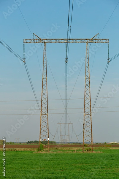 Fototapeta A tall power line tower is in the middle of a field