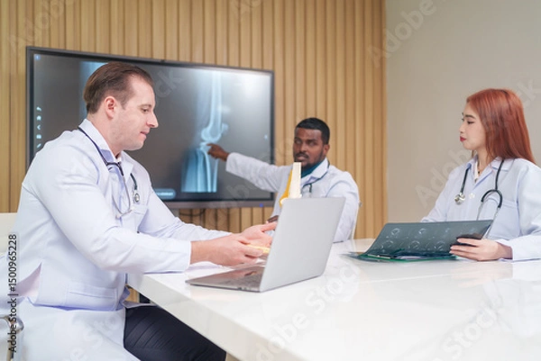 Fototapeta medical team discussing and review rare disease case to improve the practice guidelines,multiracial orthopedic doctors working in medical conference room