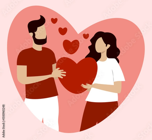 Fototapeta Couple sharing a heartfelt moment on Valentines Day with loving gestures and floating hearts in a romantic illustration