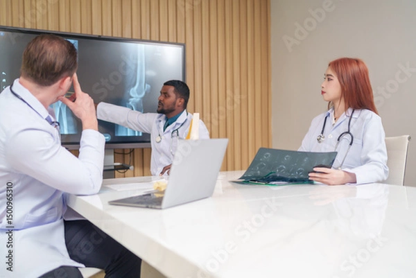 Obraz medical team discussing and review rare disease case to improve the practice guidelines,multiracial orthopedic doctors working in medical conference room
