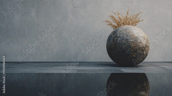 Obraz Abstract Stone Sphere with Dried Plants Against a Textured Gray Wall